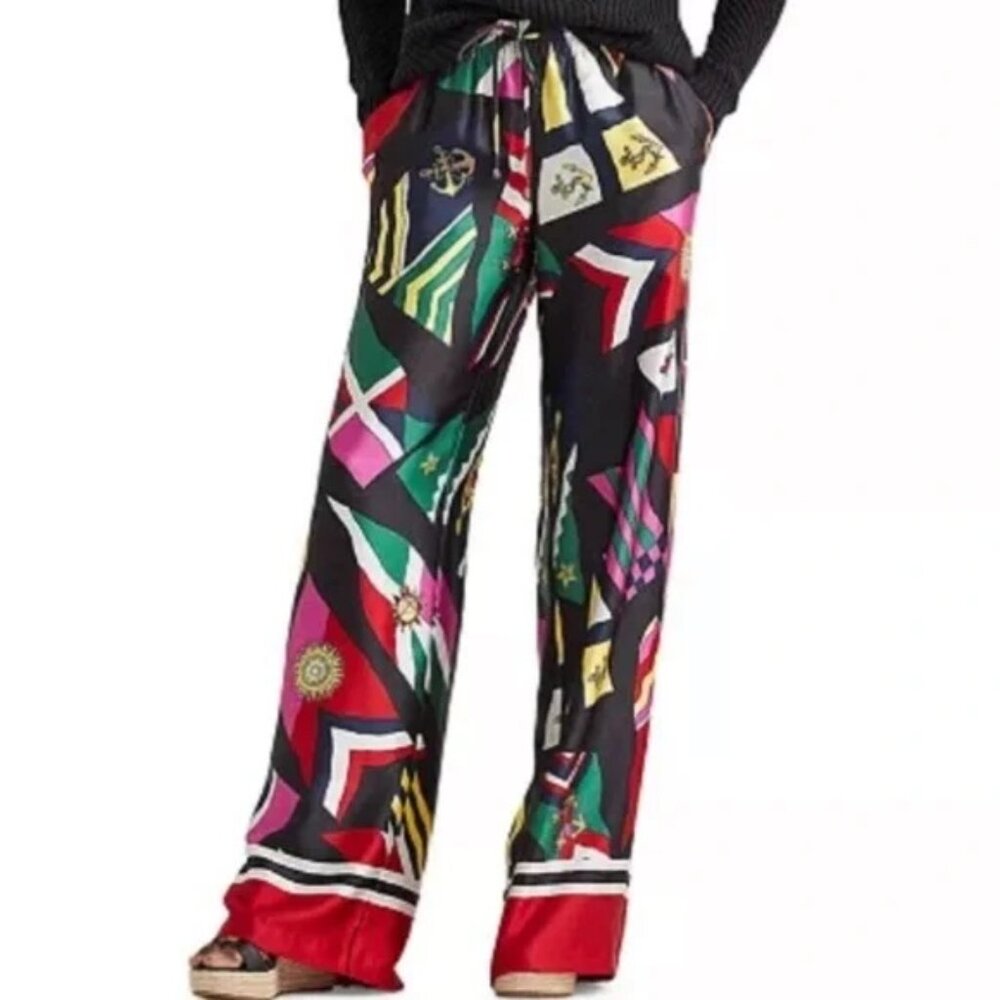 Lauren Ralph Lauren Black Label Nautical Flag Print Satin Wide Leg Pants…